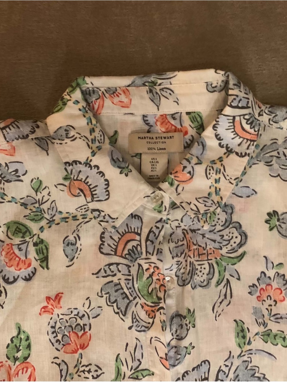 Martha Stewart White Linen Button-Down with Blue, Green & Coral Floral Print